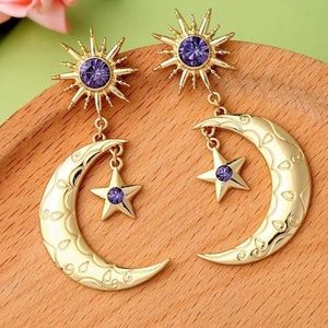 Moon Stars Celestial Drop Dangle Earrings Purple
